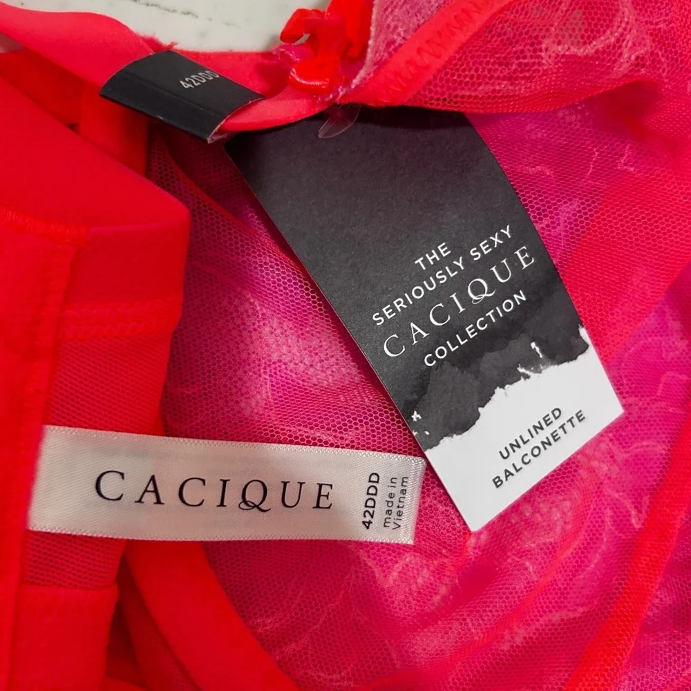 Cacique Unlined Balconette Bra 42DDD Neon Pink Lace Sheer Underwire Lingerie New